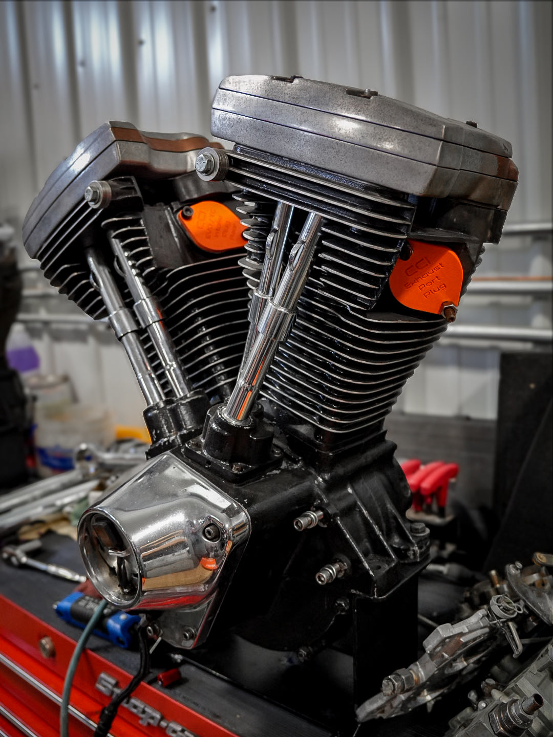 Harley-Davidson® Evo motor with intake and exhaust port plugs installed