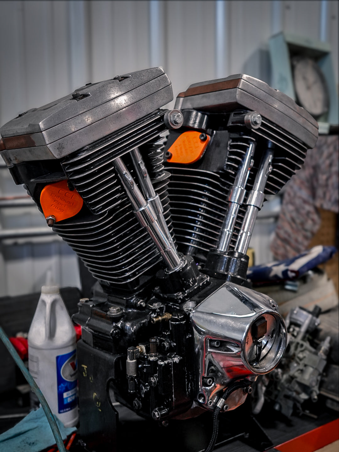 Harley-Davidson® Evo motor with intake and exhaust port plugs installed